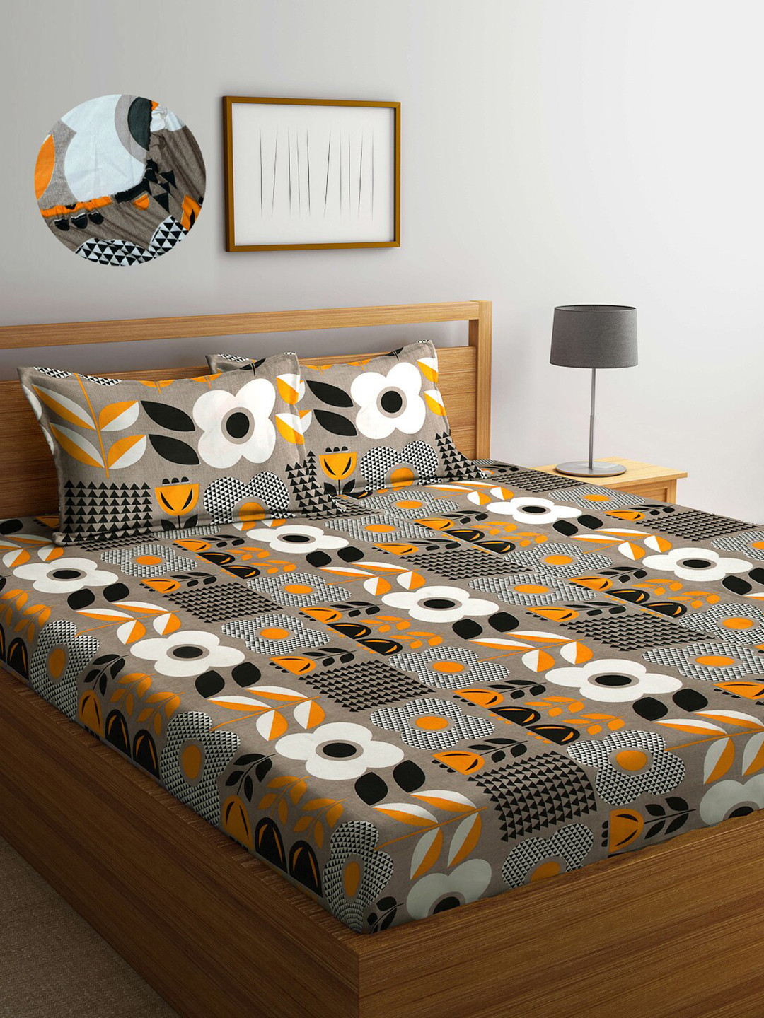 

Arrabi Grey & Black Floral 300 TC King Bedsheet with 2 Pillow Covers