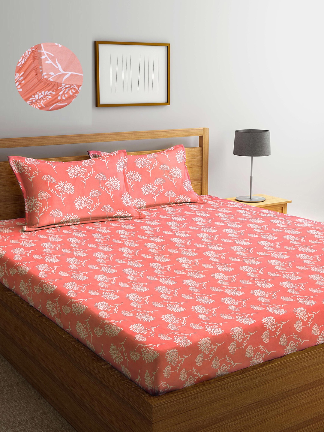 

Arrabi Orange Floral 300 TC King Bedsheet with 2 Pillow Covers