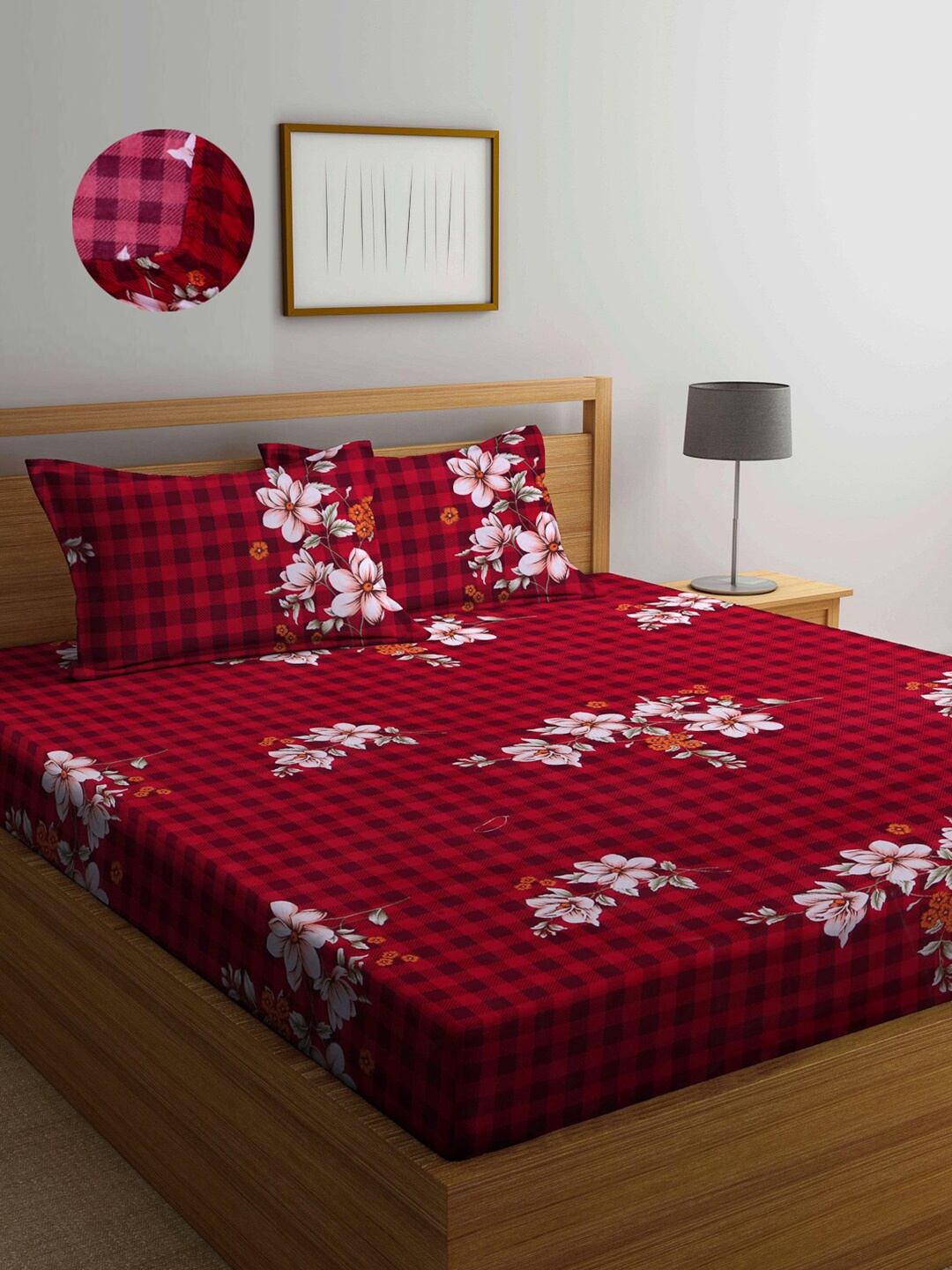 

Arrabi Red & Peach-Coloured Floral 300 TC King Bedsheet with 2 Pillow Covers