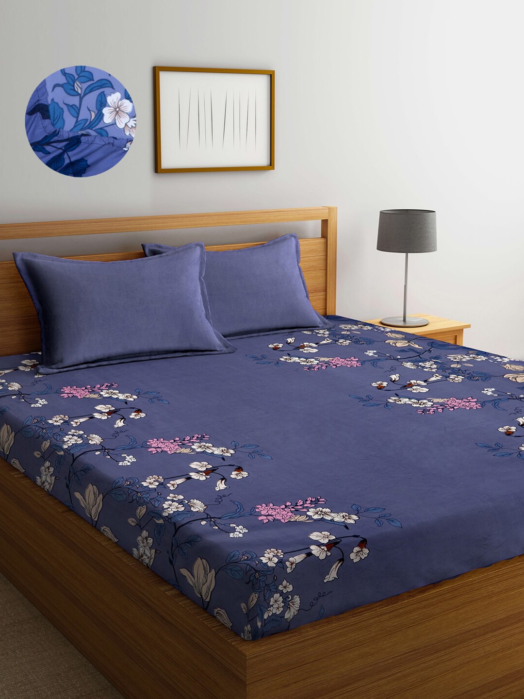 

Arrabi Blue & Pink Floral 300 TC King Bedsheet with 2 Pillow Covers