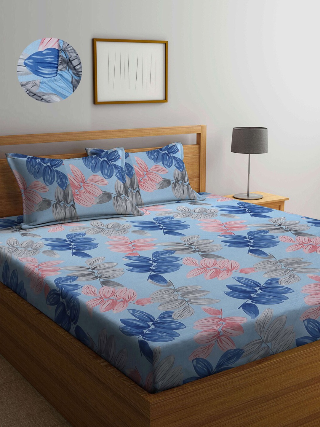 

Arrabi Blue & Peach-Coloured Floral 300 TC King Bedsheet with 2 Pillow Covers