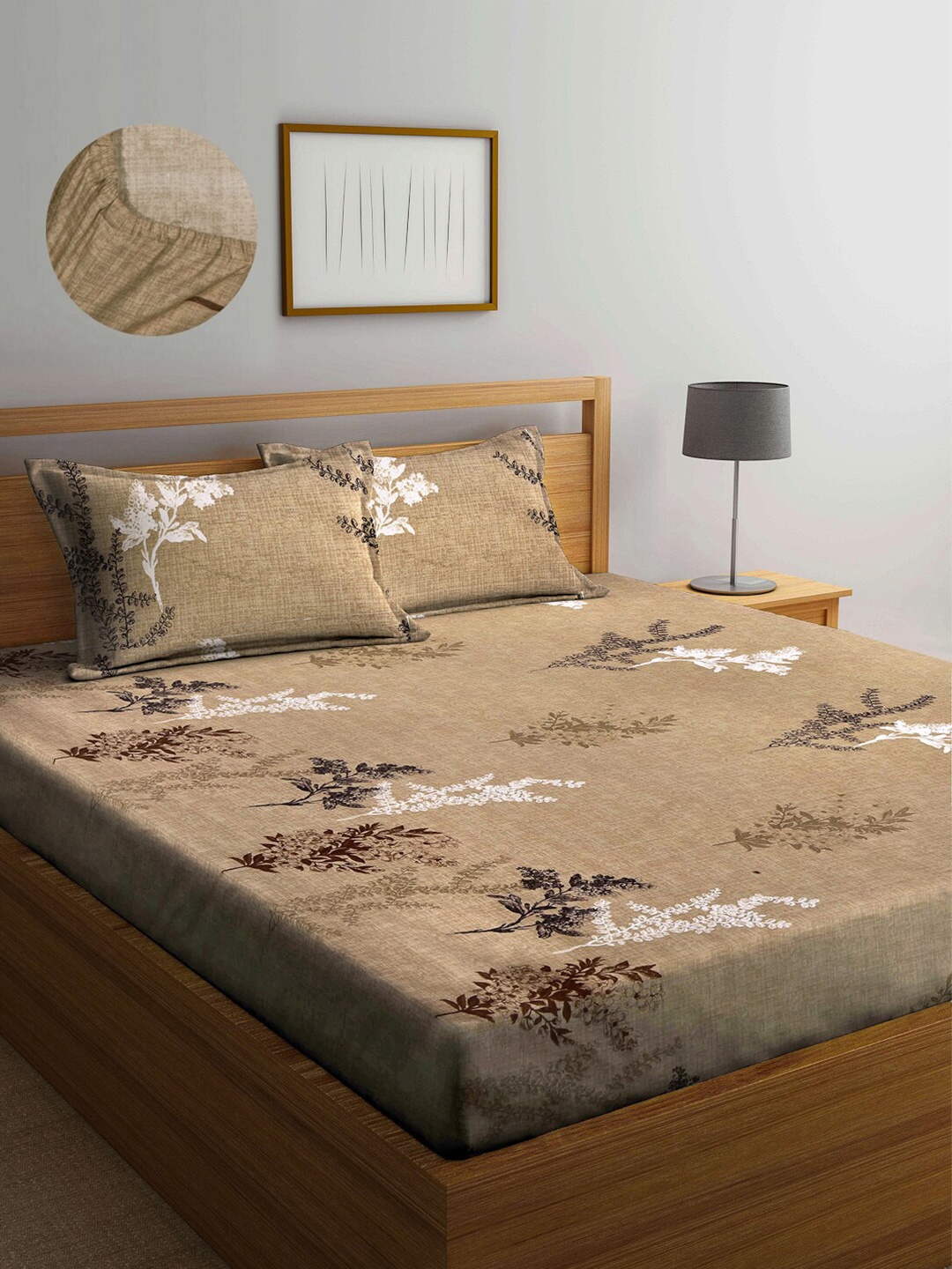 

Arrabi Brown Floral 300 TC King Bedsheet with 2 Pillow Covers