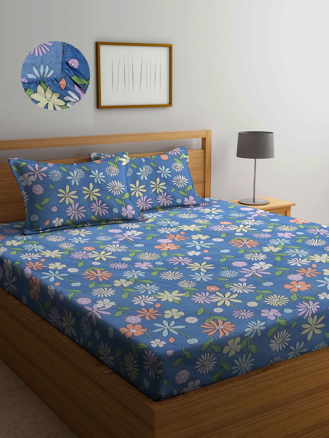 

Arrabi Blue & Yellow Floral 300 TC King Bedsheet with 2 Pillow Covers