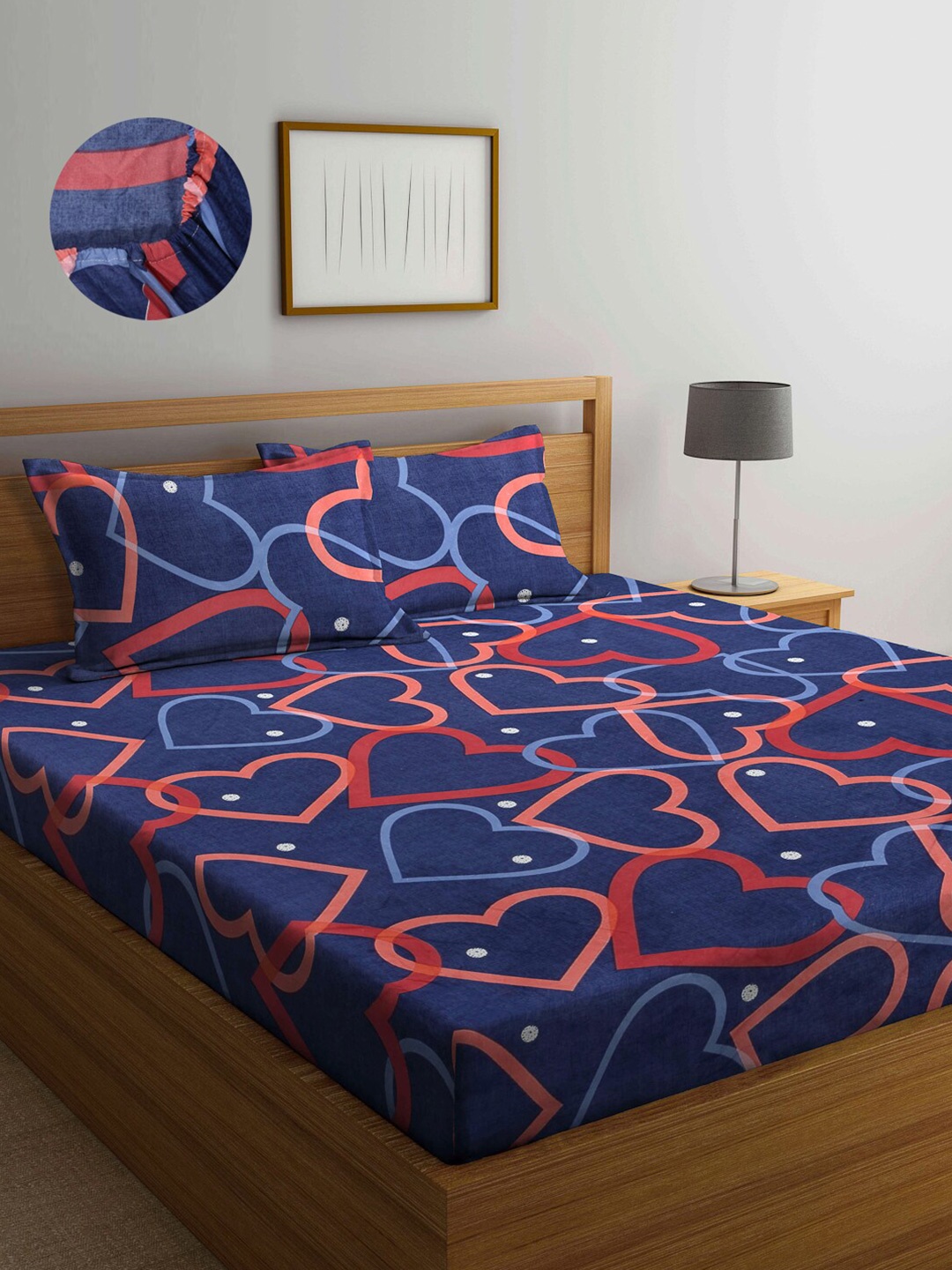 

Arrabi Blue & Peach-Coloured Geometric 300 TC King Bedsheet with 2 Pillow Covers