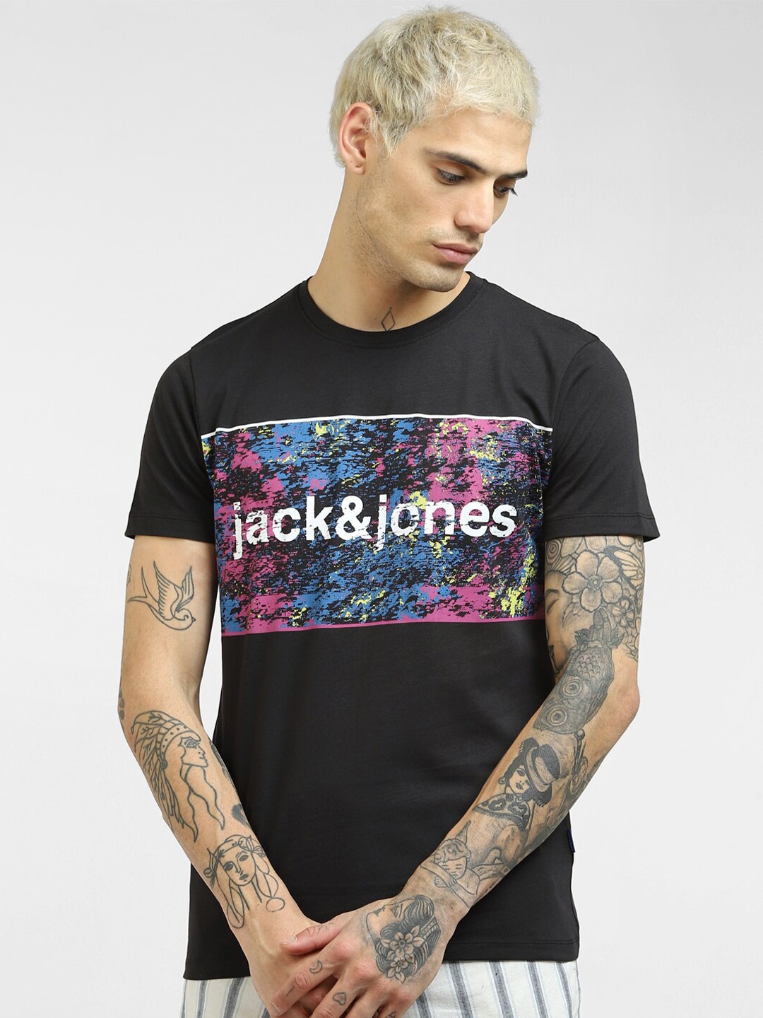 Jack & Jones Men Black Typography Printed Applique Slim Fit T-shirt