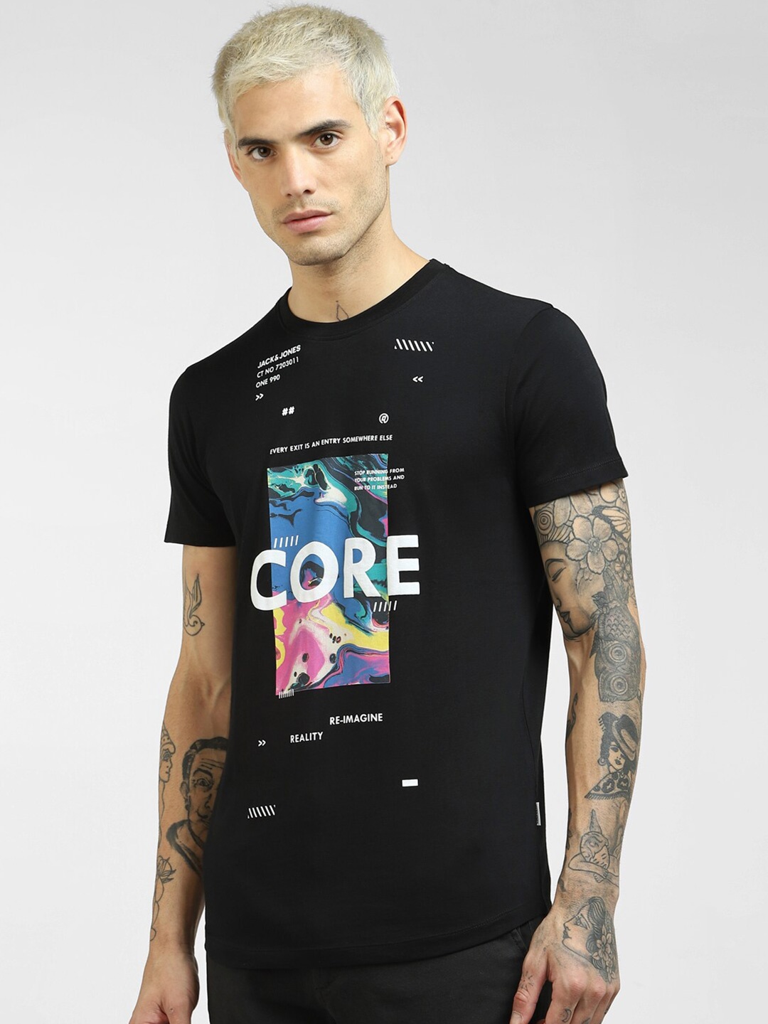 

Jack & Jones Men Black Printed Applique Slim Fit T-shirt