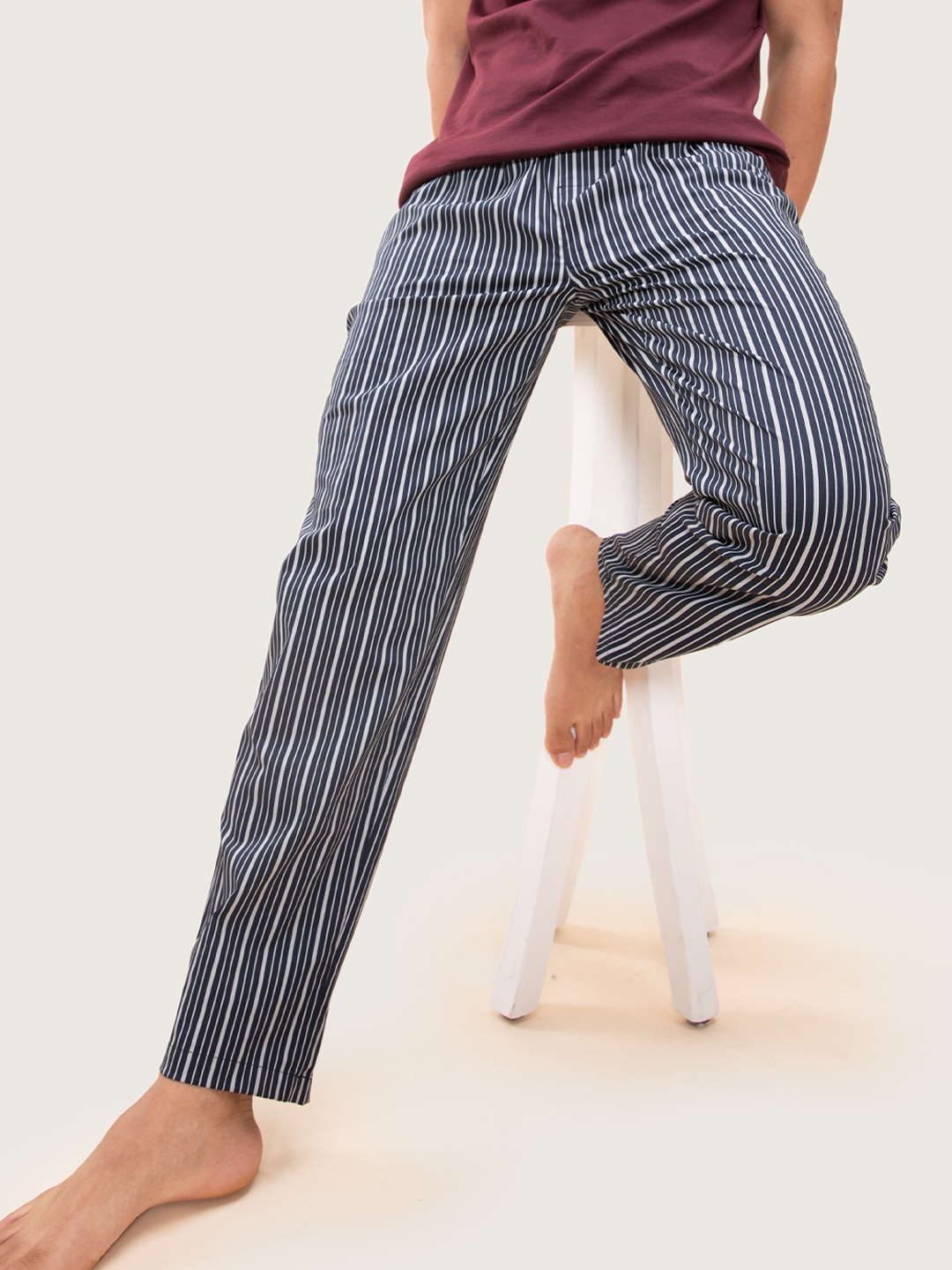 

DAMENSCH Men Striped Stretchable Cotton Tapered Fit Lounge Pants, Blue