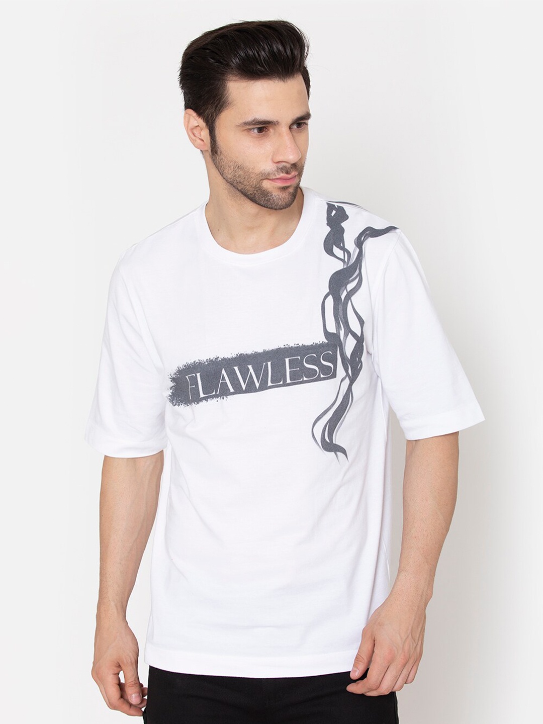

FLAWLESS Men White Typography Printed Applique Oversized T-shirt
