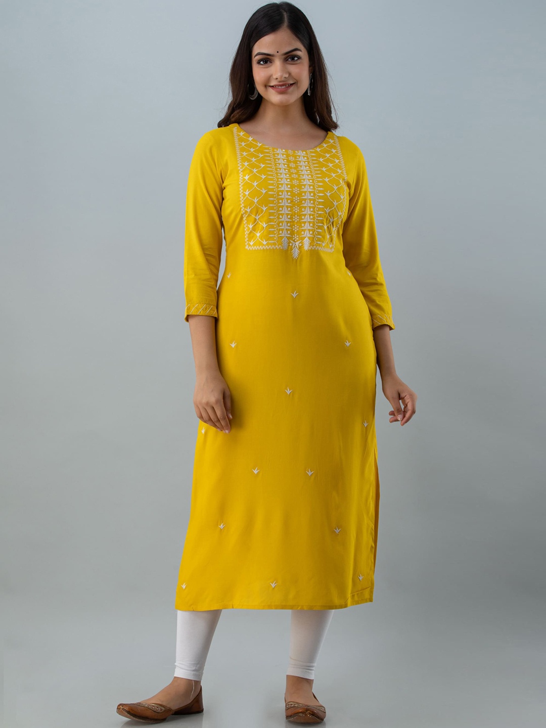 

KIMAYRA Women Yellow Embroidered Keyhole Neck Kurta