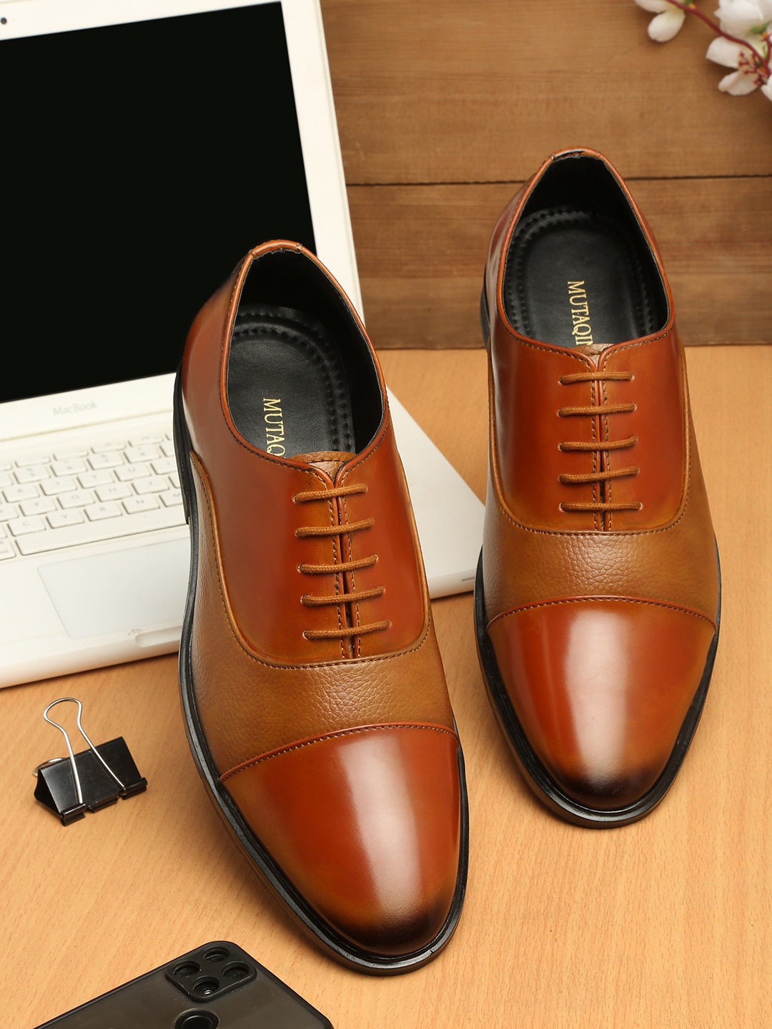 MUTAQINOTI Men Tan-Brown Solid Leather Formal Oxfords