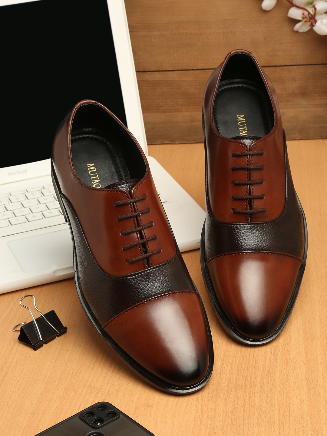 

MUTAQINOTI Men Brown Solid Leather Formal Shoes