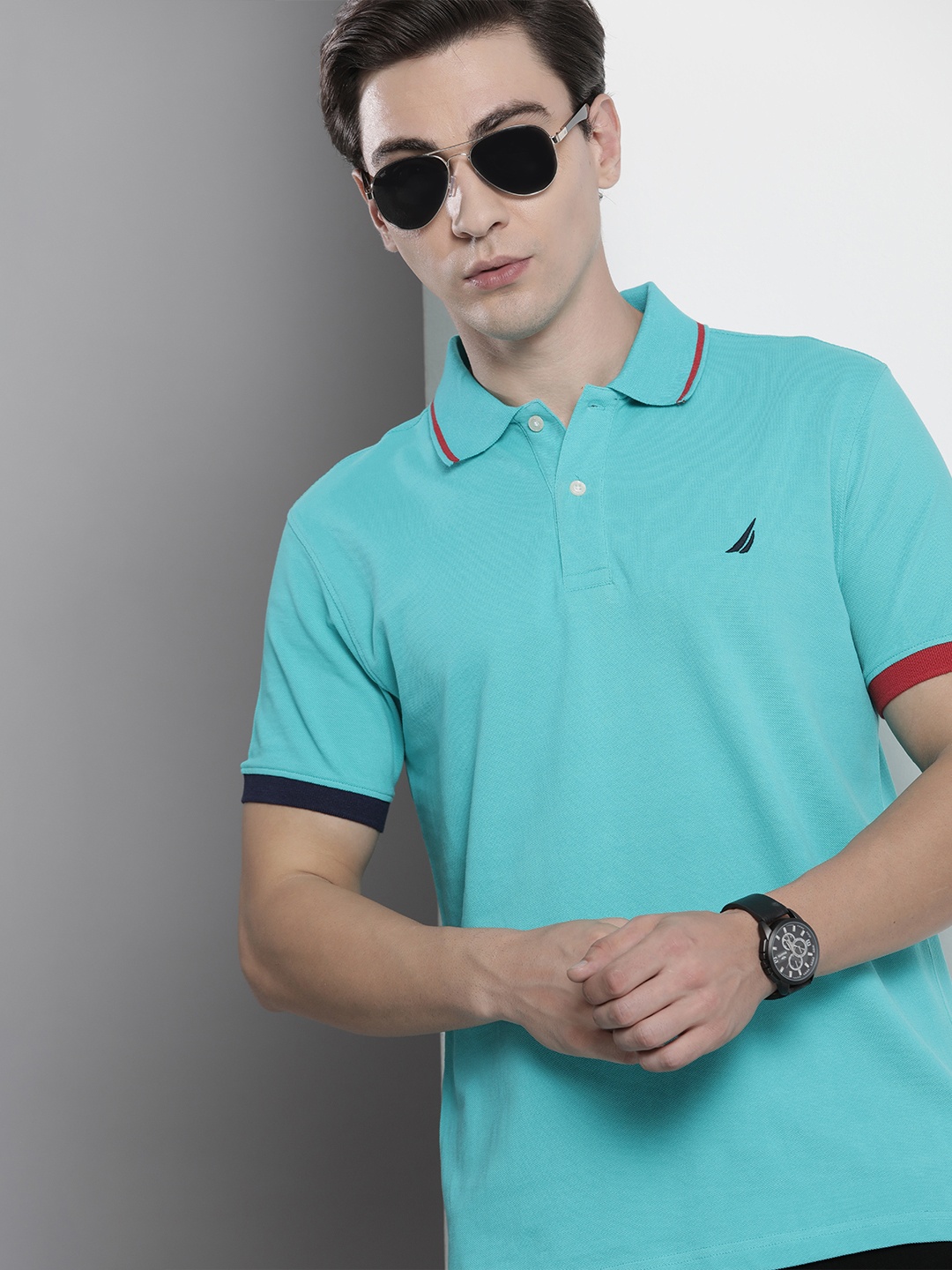 

Nautica Men Blue Solid Pure Cotton Polo Collar T-shirt