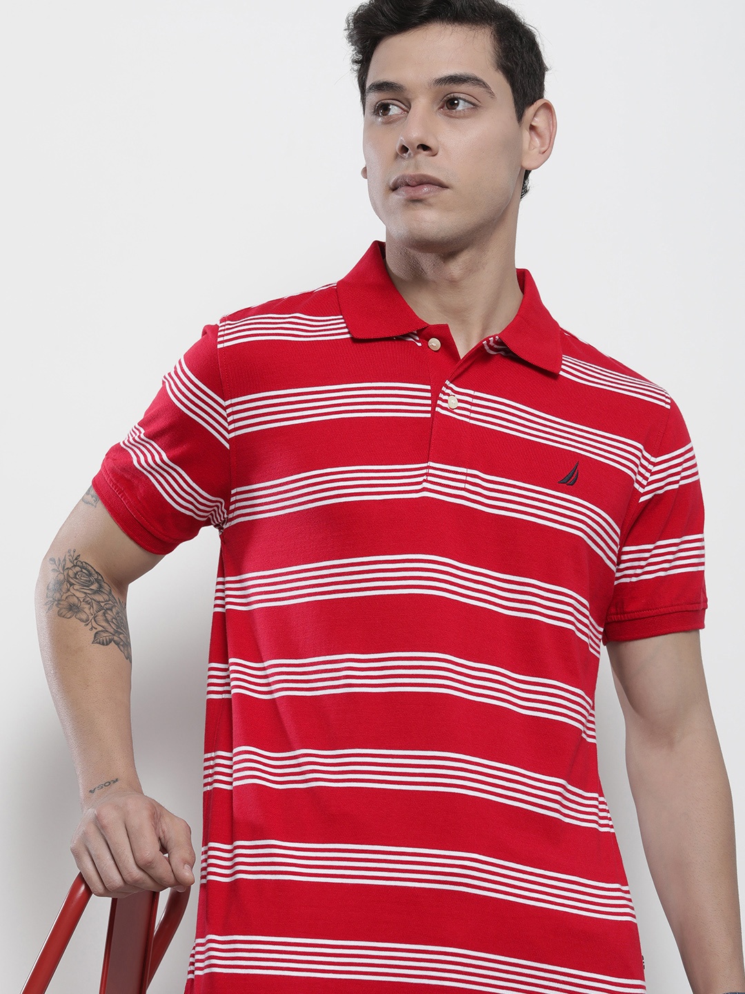 

Nautica Men Red & White Striped Polo Collar Pure Cotton Casual T-shirt