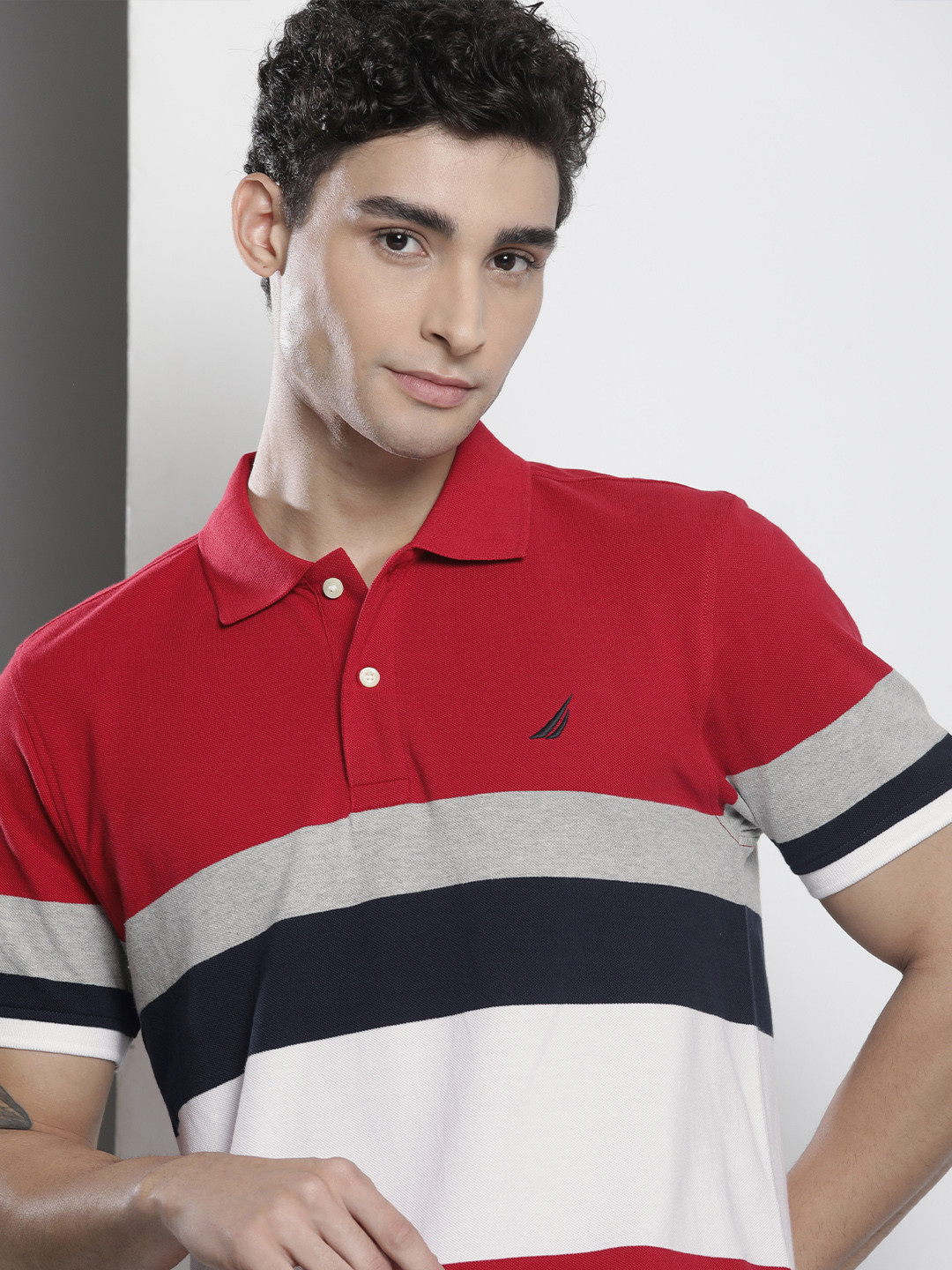

Nautica Men Red & Navy Blue Colourblocked Polo Collar Pure Cotton T-shirt