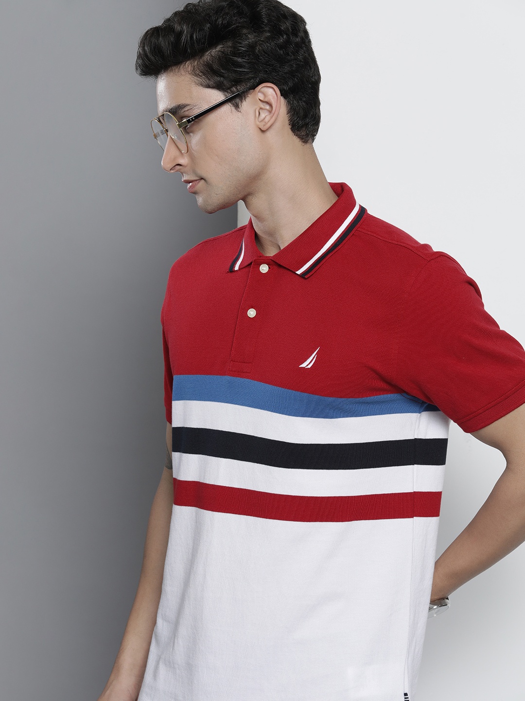 

Nautica Men White & Red Colourblocked Polo Collar Pure Cotton T-shirt