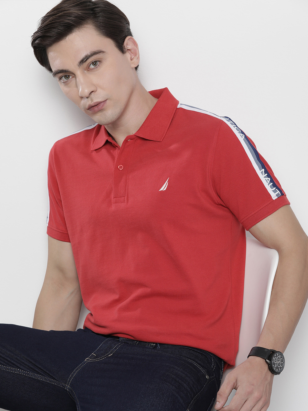 

Nautica Men Red & Blue Brand Logo Printed Polo Collar Applique T-shirt