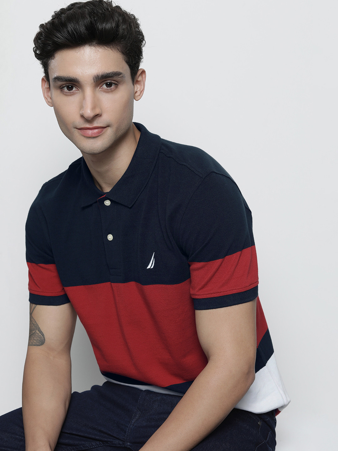 

Nautica Men Navy Blue & Red Colourblocked Polo Collar Pure Cotton T-shirt