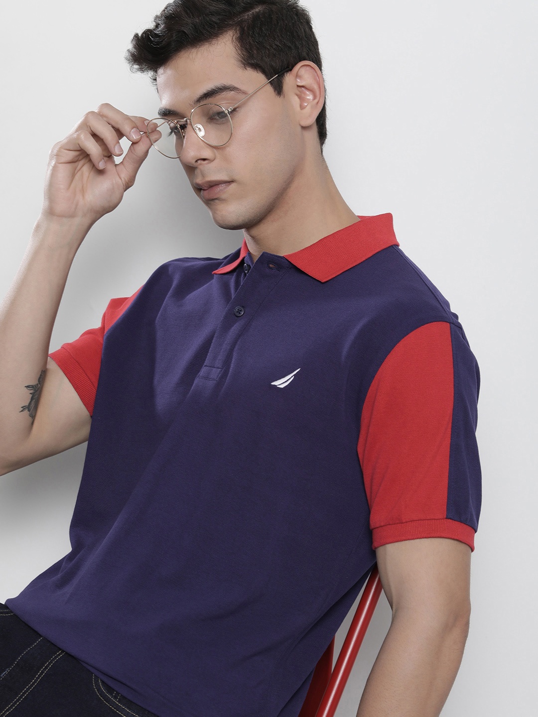 

Nautica Men Blue & Red Colourblocked Polo Collar Pure Cotton Casual T-shirt