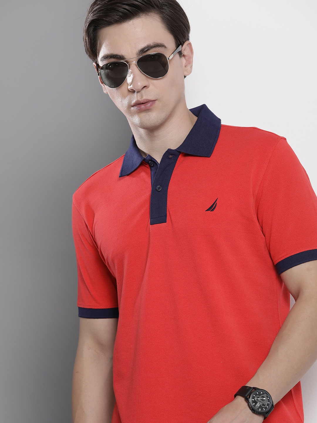 

Nautica Men Red Solid Pure Cotton T-shirt With Contrast Polo Collar