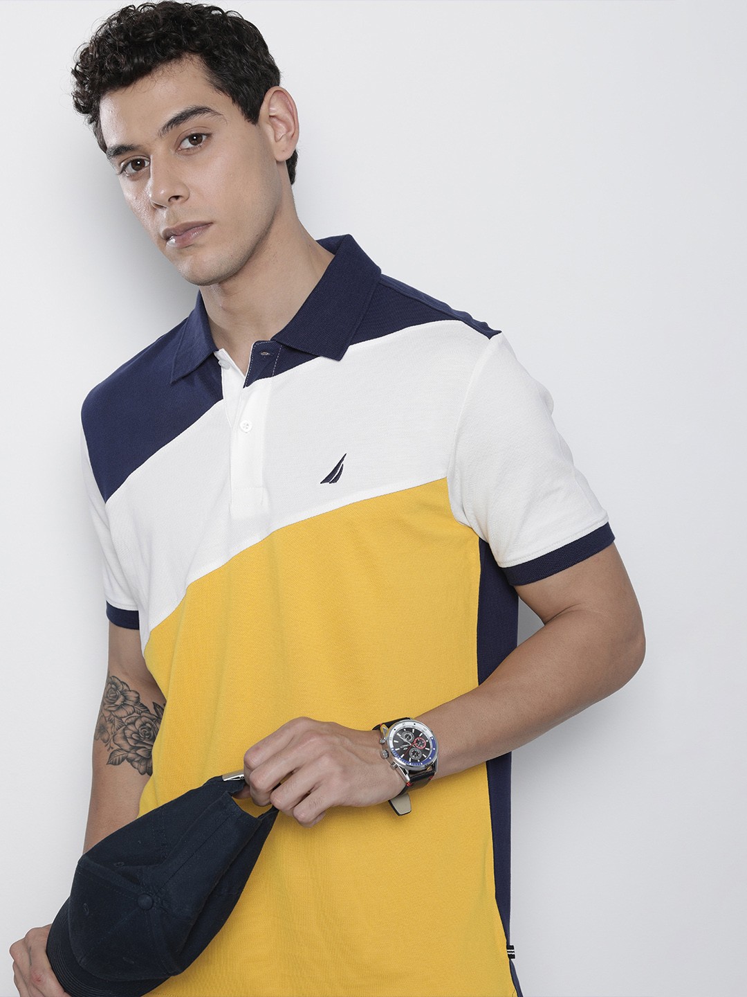 

Nautica Men Yellow & Navy Blue Colourblocked Polo Collar T-shirt