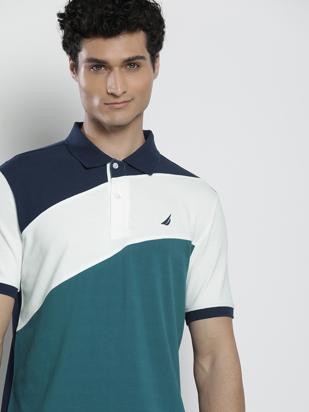

Nautica Men Colourblocked Polo Collar Pure Cotton T-shirt, Navy blue