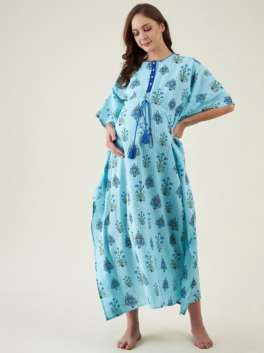 

The Kaftan Company Blue Printed Maxi Nightdress