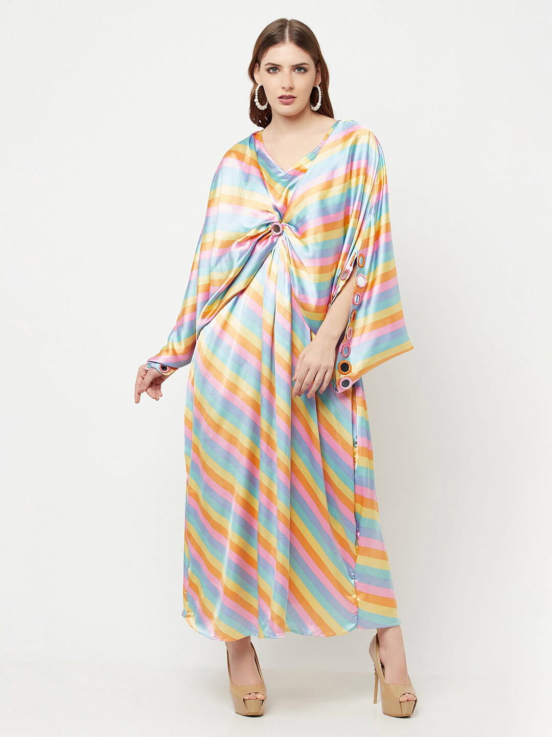 

THE SILHOUETTE STORE Multicoloured Striped Satin Maxi Dress, Multi