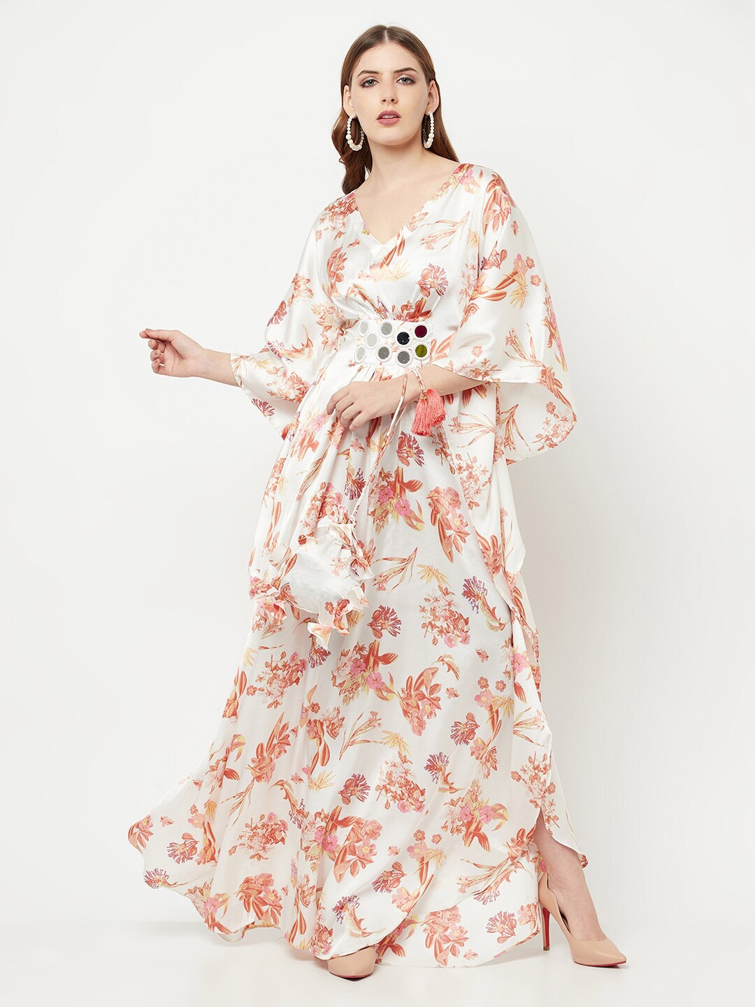

THE SILHOUETTE STORE Off White Floral Satin Maxi Dress