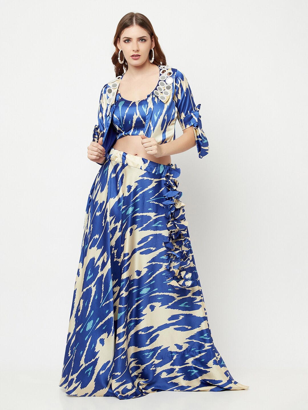 

THE SILHOUETTE STORE Women Blue & Off White Printed Top with Skirt