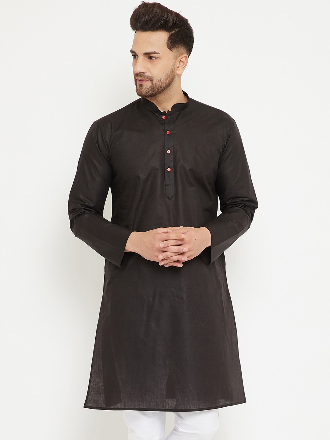 

VASTRAMAY Men Black Flared Sleeves Thread Work Kurta