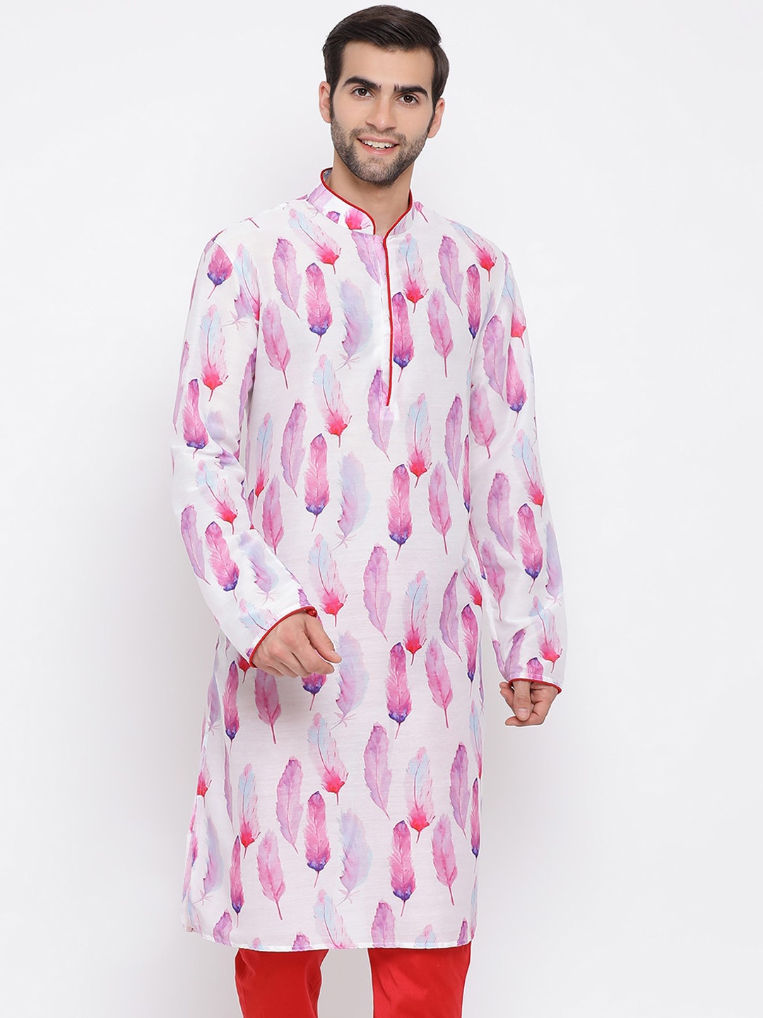 

VASTRAMAY Men Pink Floral Printed Thread Work Kurta