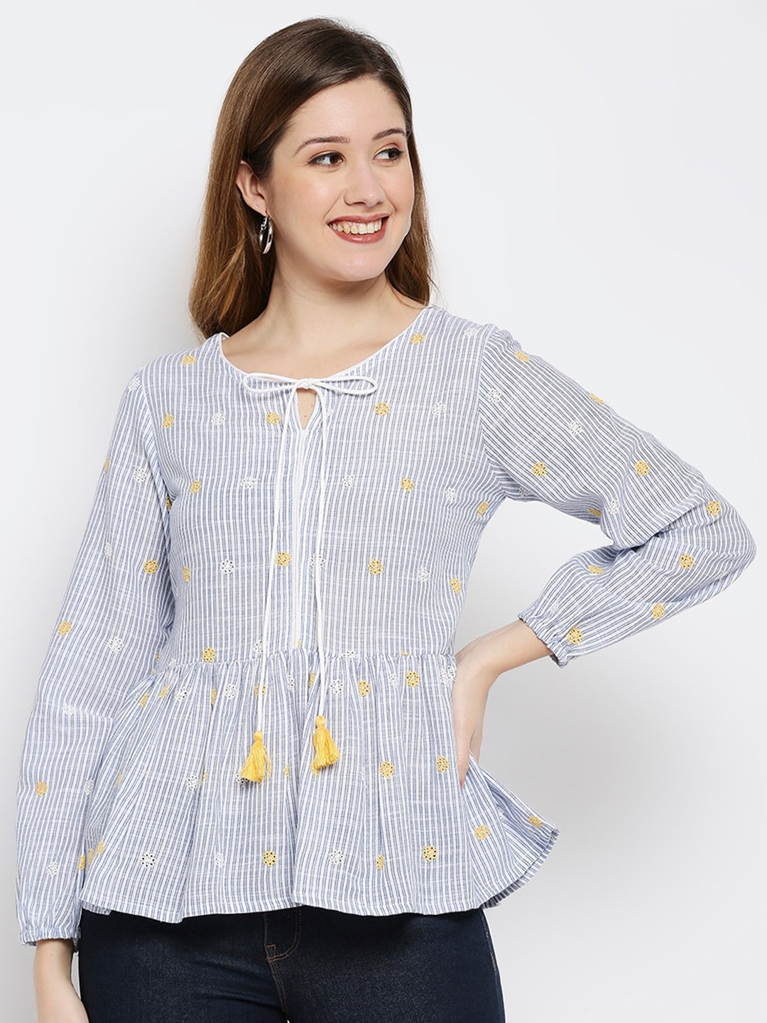

Ethnicity Blue Striped Tie-Up Neck Peplum Top