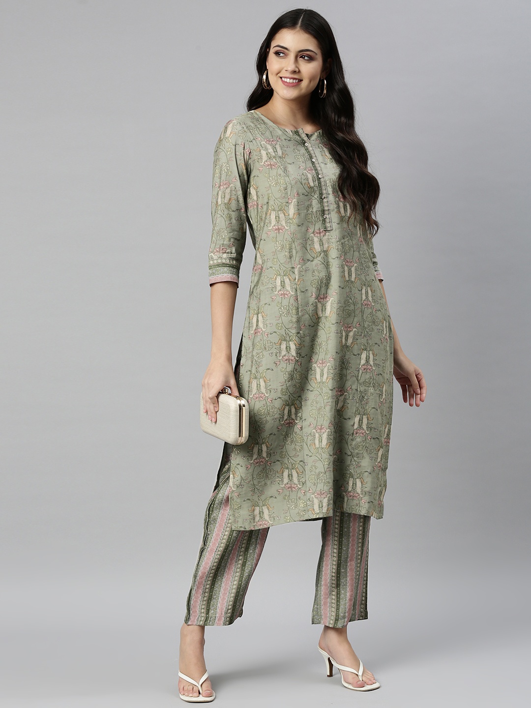 

ETIQUETTE Women Sage Green Ethnic Motifs Printed Kurta with Palazzos