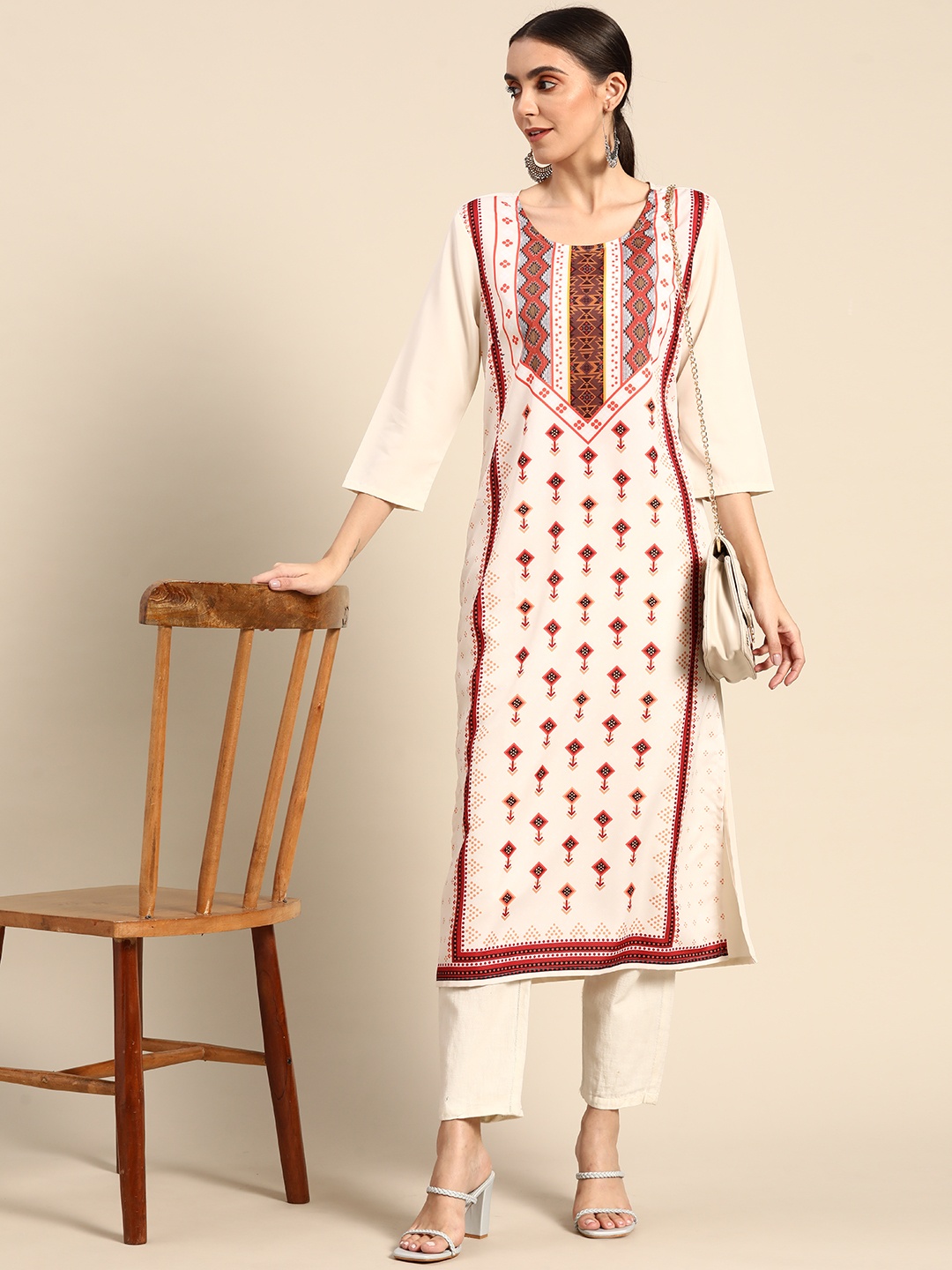 

all about you Women Cream-Coloured & Rust Brown Geometric Printed Crepe Kurta