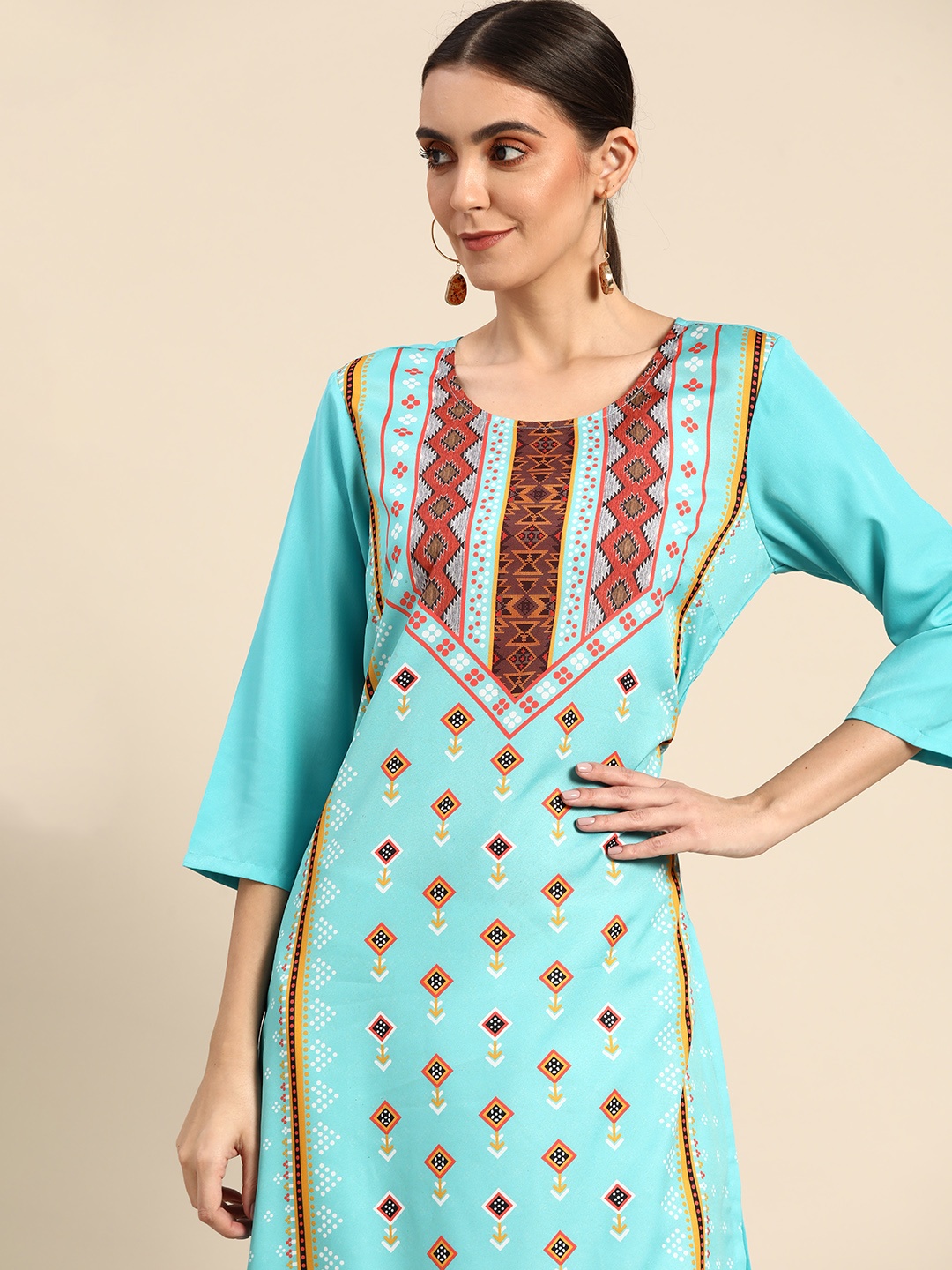 

all about you Women Blue & Rust Brown Geometric Printed Crepe Kurta