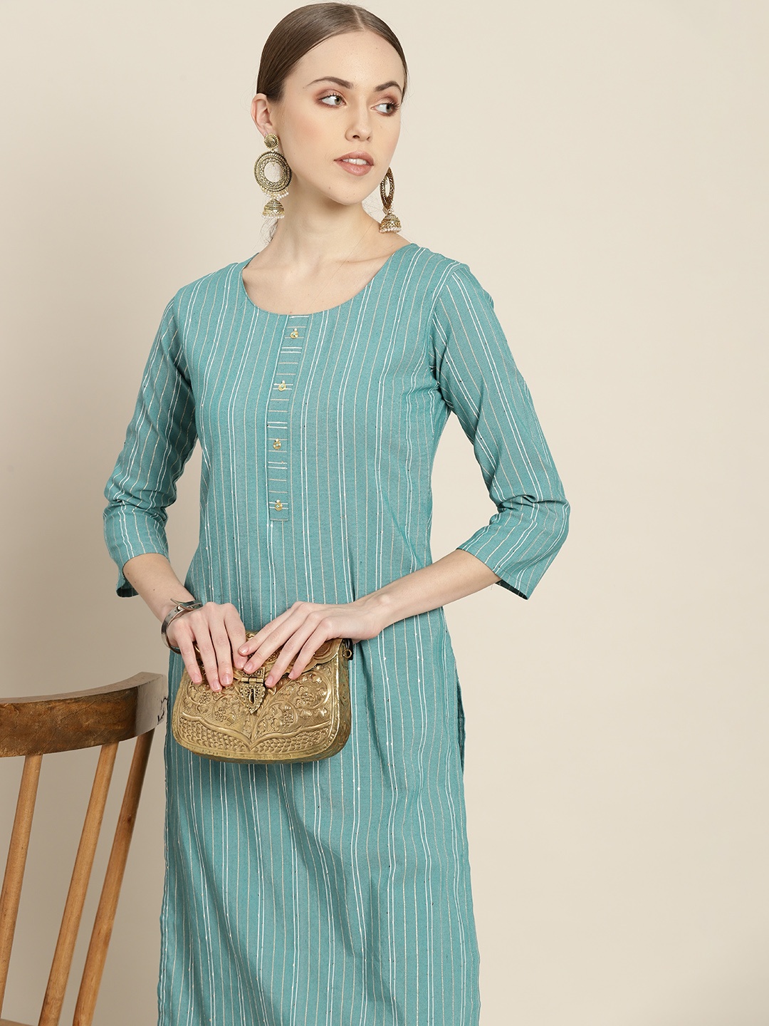 

Sangria Women Sea Green & White Striped Sequin Detail Kurta