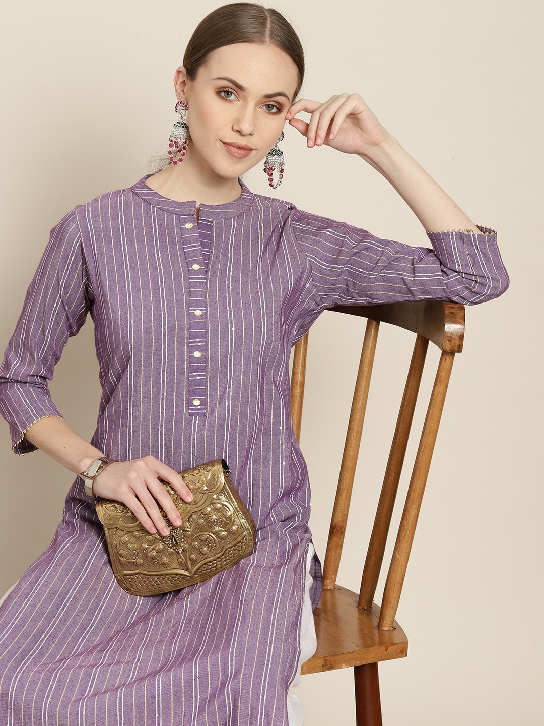

Sangria Women Mauve & White Striped Sequin Detail Kurta