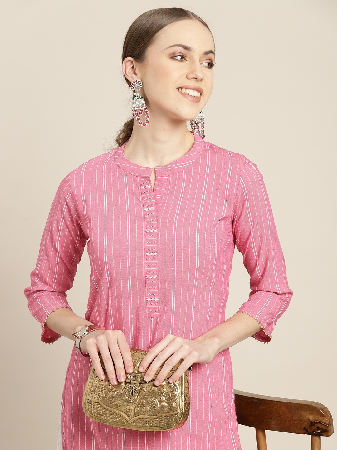 

Sangria Women Pink & White Striped Sequin Detail Kurta