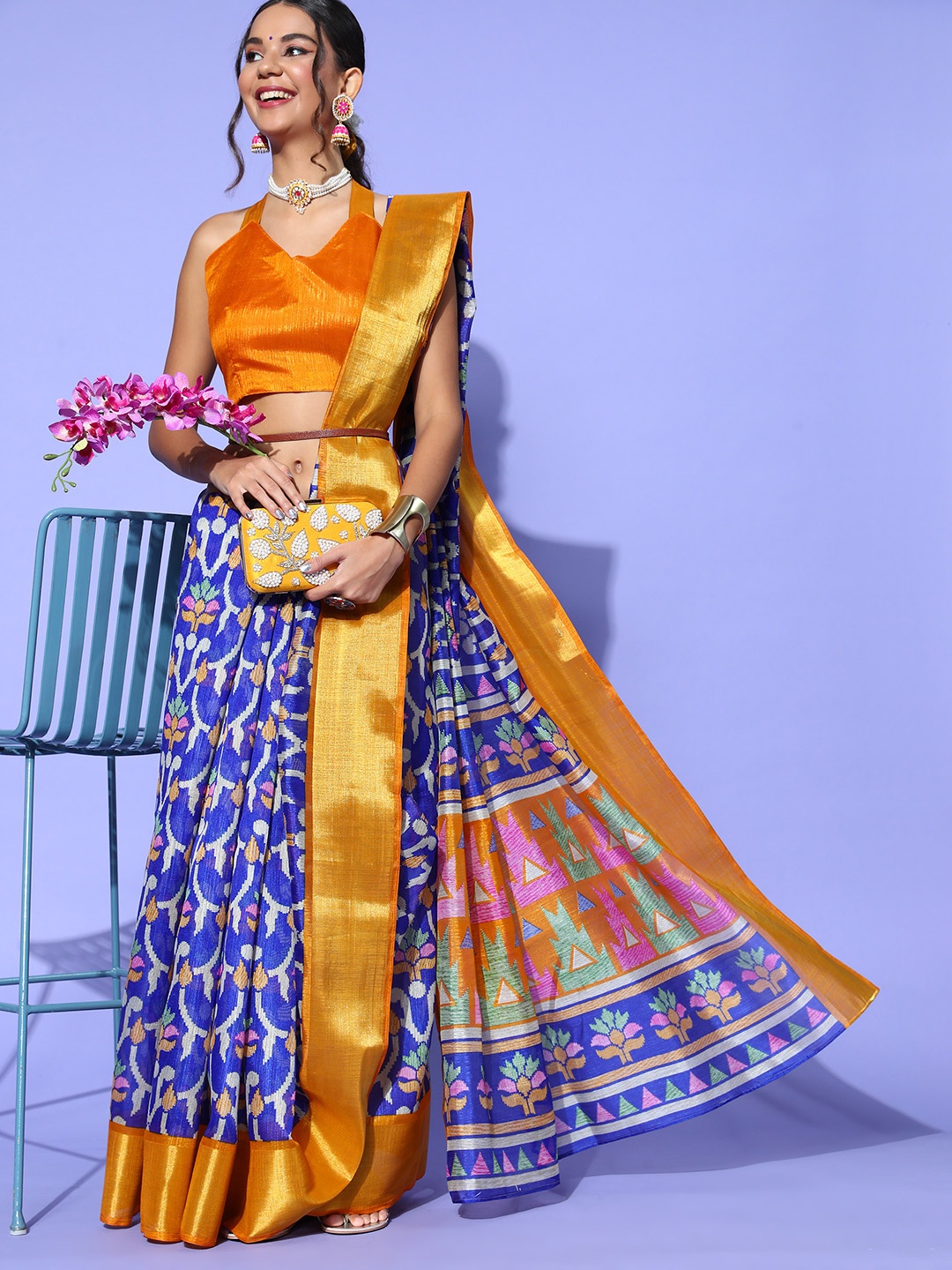 

Mitera Floral Saree with Solid border, Blue