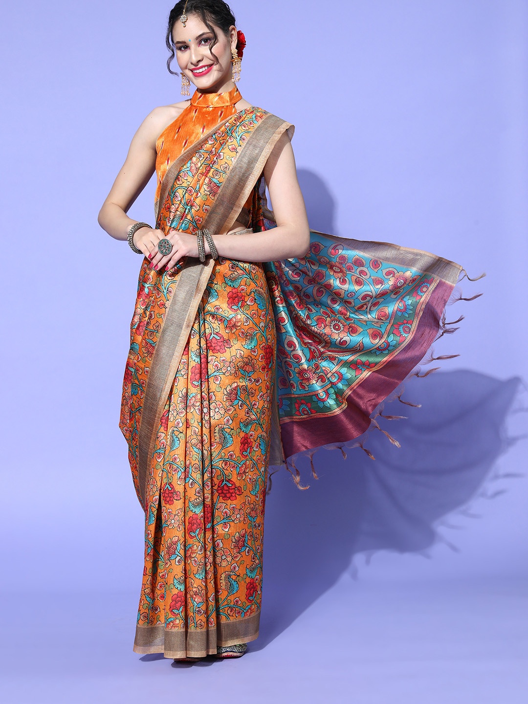

Mitera Floral Saree with Solid border, Mustard