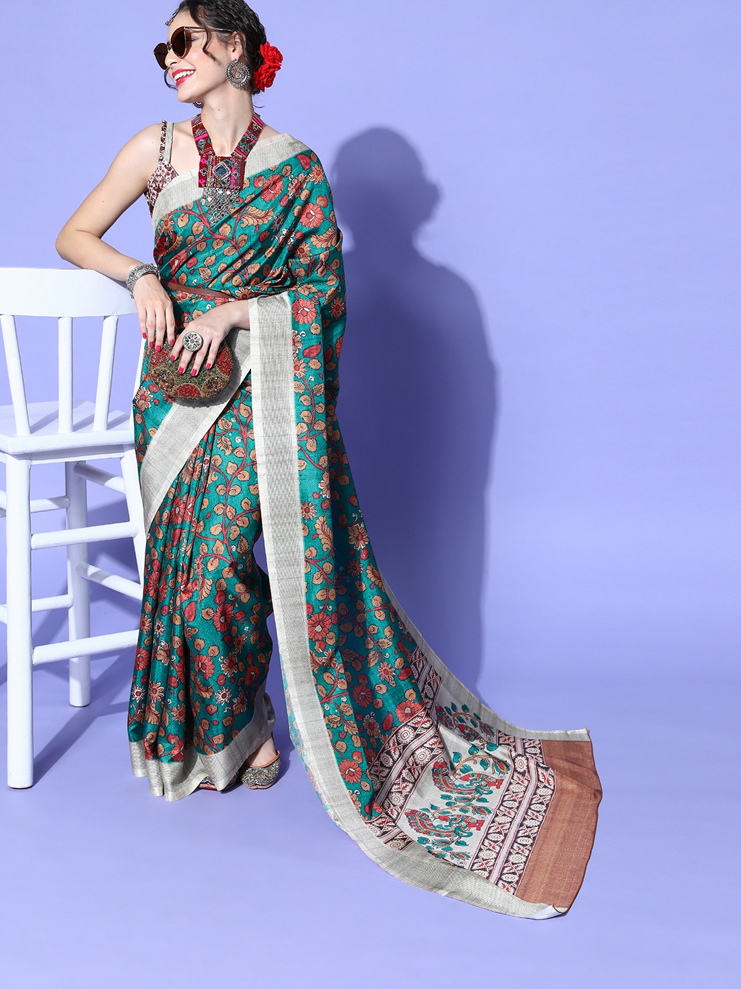 

Mitera Ethnic Motifs Saree with Solid border, Green