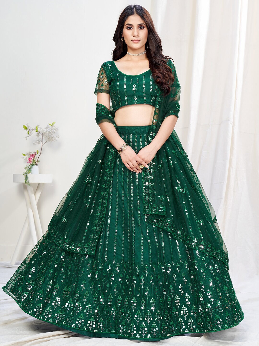 

WHITE FIRE Green Embroidered Thread Work Semi-Stitched Lehenga & Unstitched Blouse With Dupatta