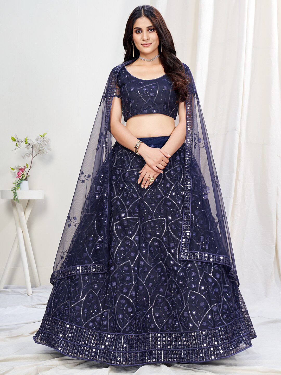 

WHITE FIRE Blue & Silver-Toned Embroidered Thread Work Semi-Stitched Lehenga & Unstitched Blouse With