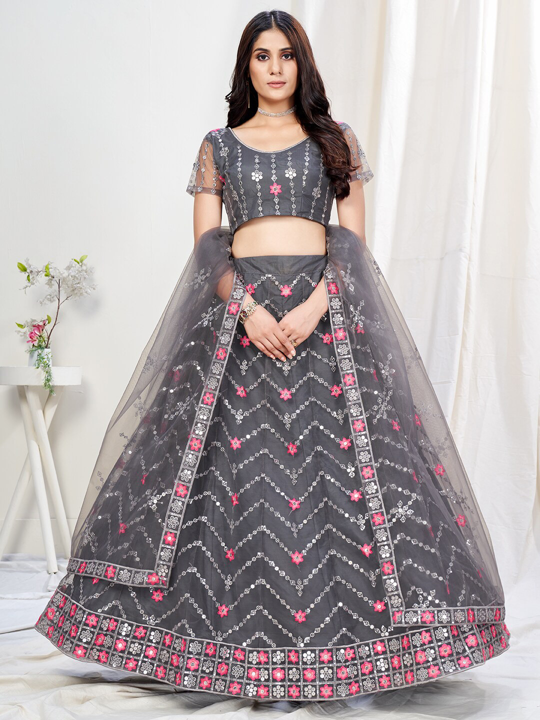 

WHITE FIRE Grey & Pink Embroidered Thread Work Semi-Stitched Lehenga & Unstitched Blouse With Dupatta
