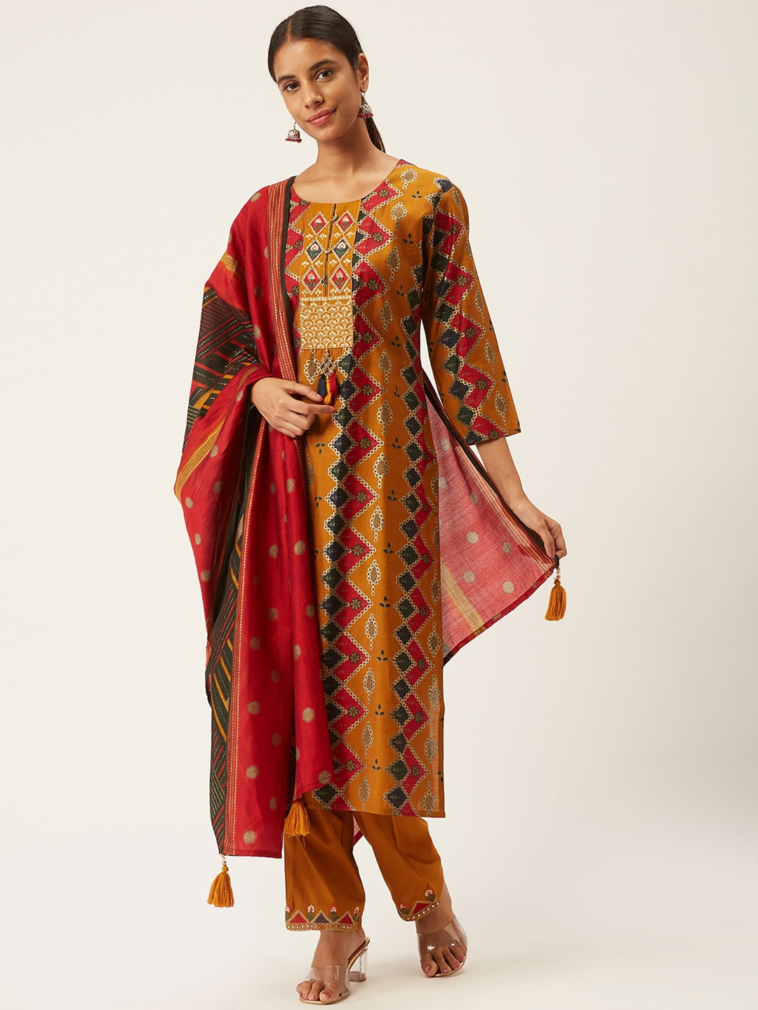 

ZOLA Women Mustard Yellow Printed Pleated Kurta with Trousers & With Dupatta