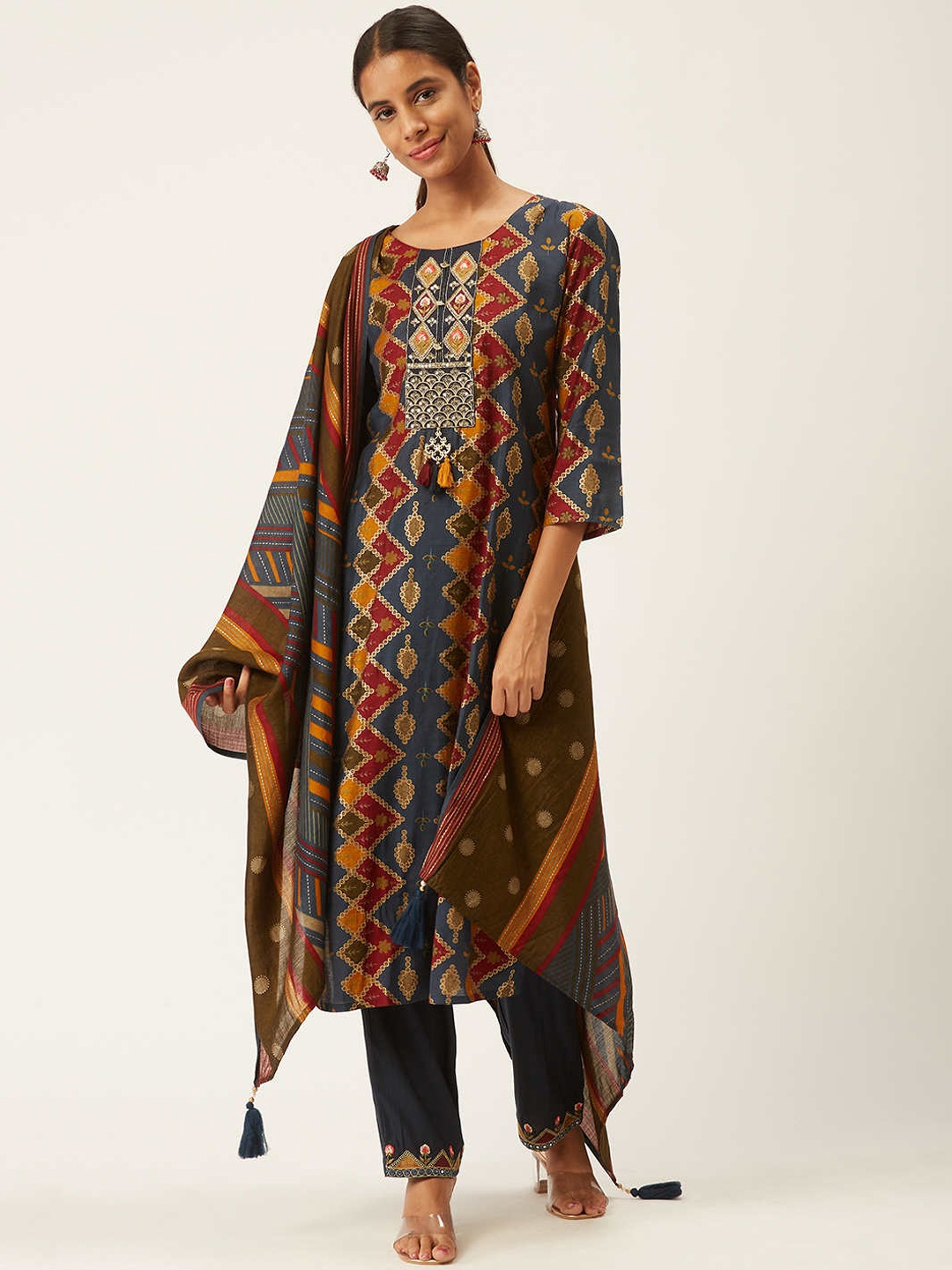

ZOLA Women Blue Embroidered Panelled Kurti with Trousers