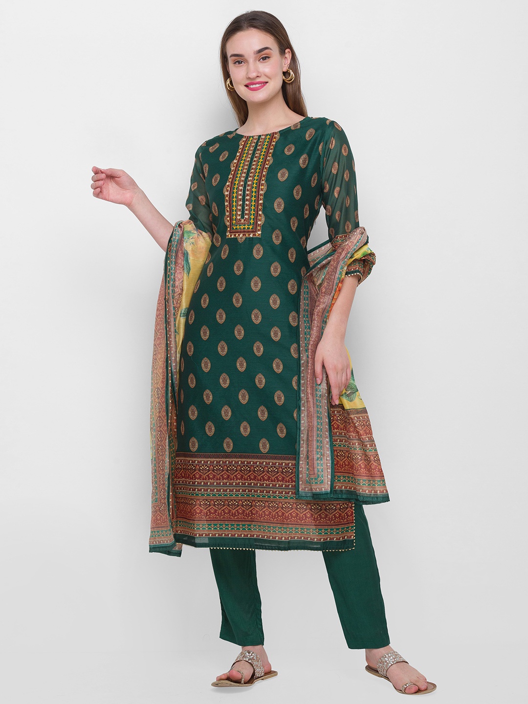 

ZOLA Women Green Embroidered Layered Kurti with Trousers & With Dupatta