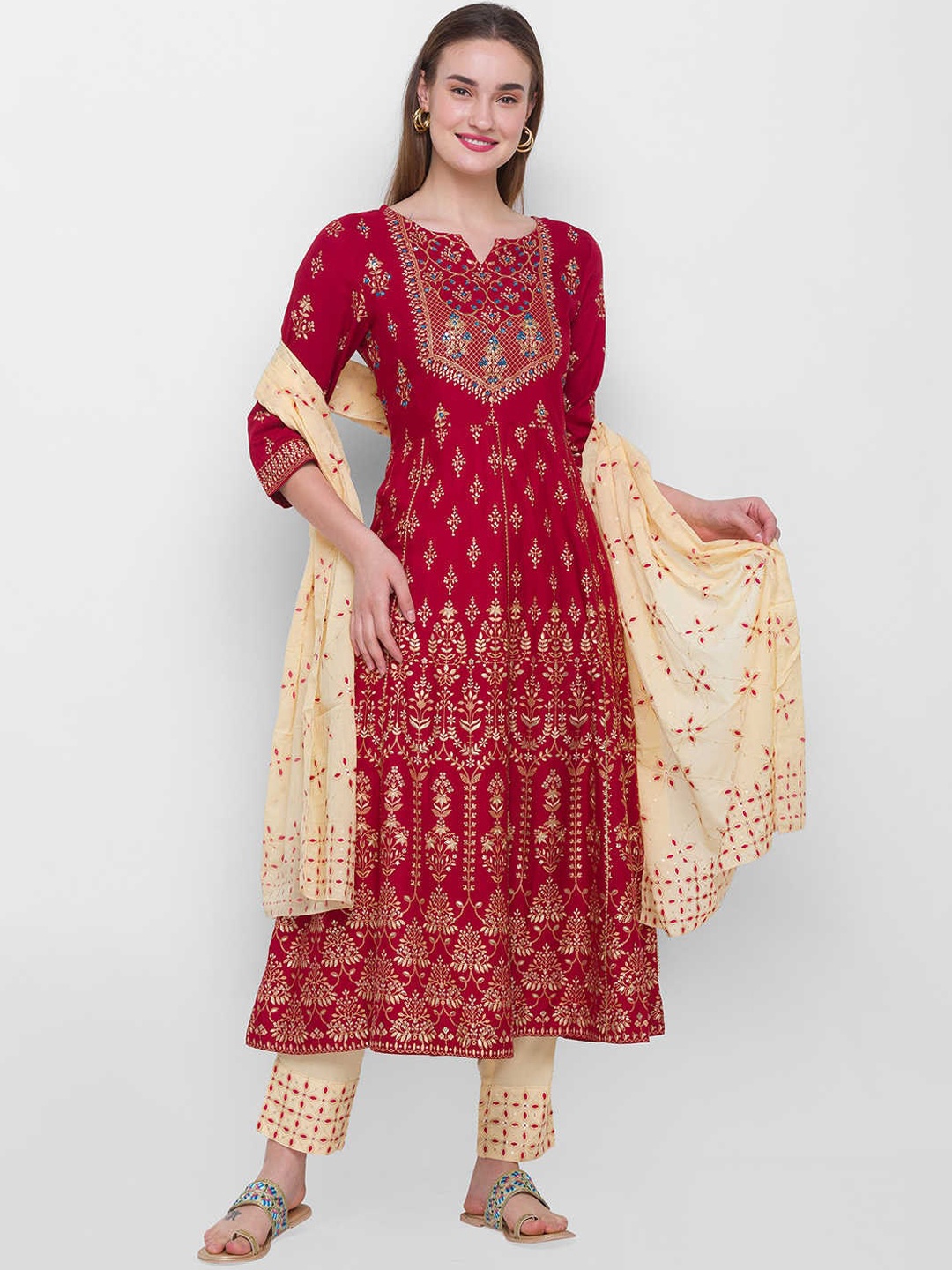 

ZOLA Women Red Embroidered Panelled Kurti with Trousers & With Dupatta