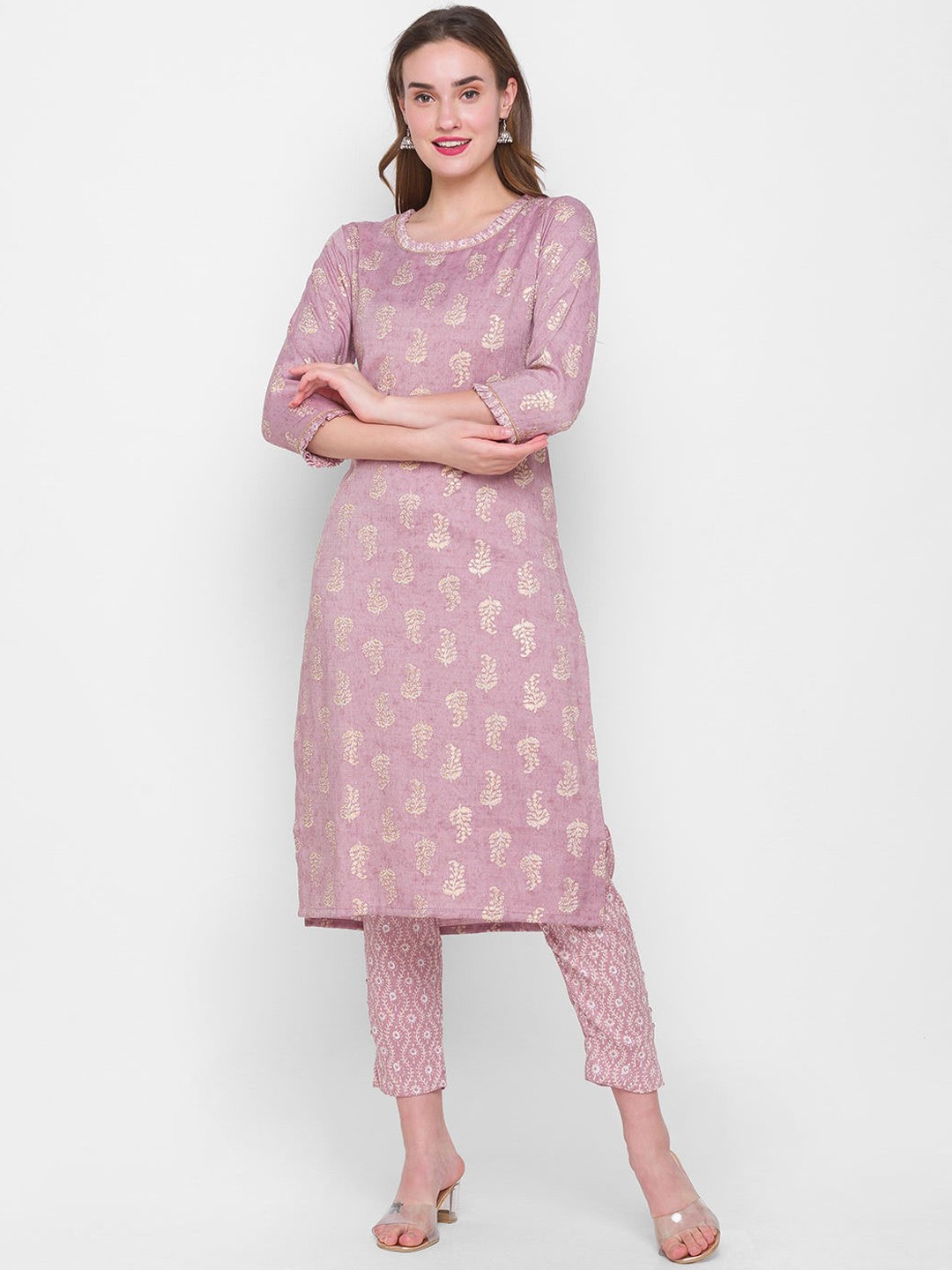 

ZOLA Women Purple Pleated Kurti with Trousers
