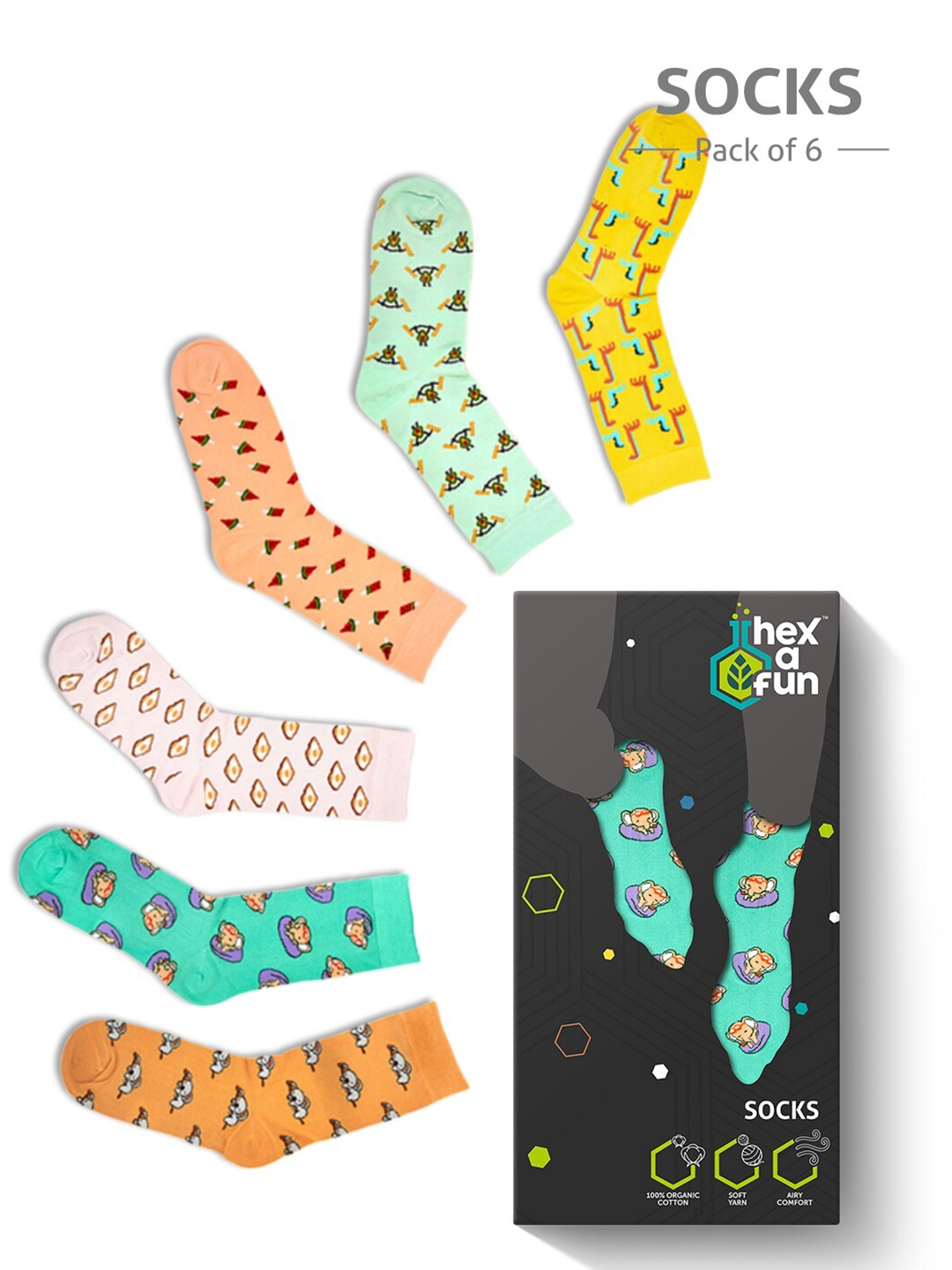 

hexafun Unisex Pack of 6 Patterned Above Ankle Pure Cotton Socks, Green